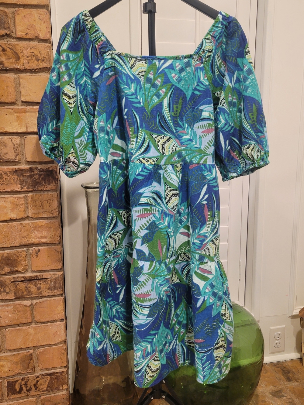 Mlle Gabrielle Blue & Green Tropical Puff-Sleeve Mini Dress